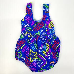 L.L. Bean Blue Colorful One Piece Baby Swimsuit with Bottom Snap Opening 6/12 Mo